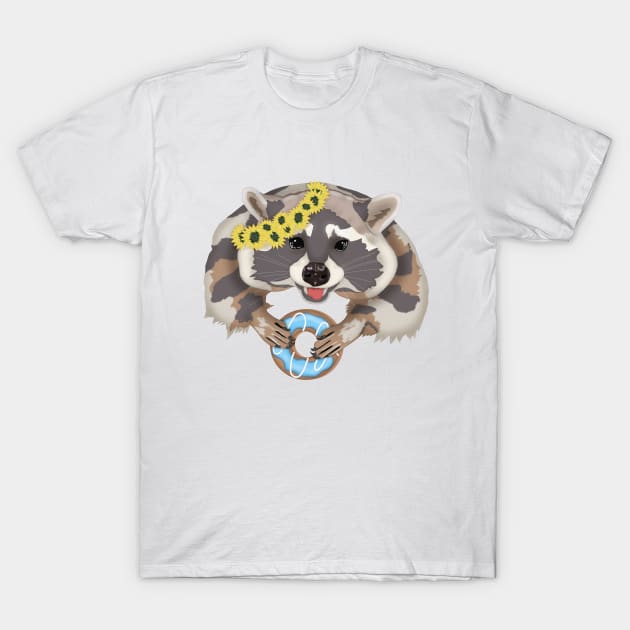 Raccoon sweet tooth with donut in a wreath of sunflowers. T-Shirt by KateQR